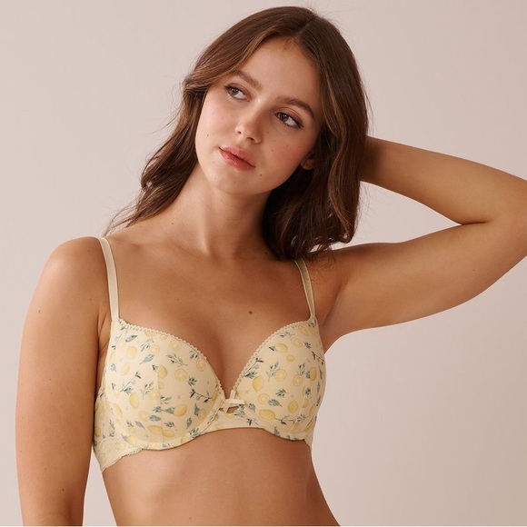 🌙 B29 - La Vie en Rose Lemon Print Push-up Modal and Lace Demi Bra - Picture 2 of 4